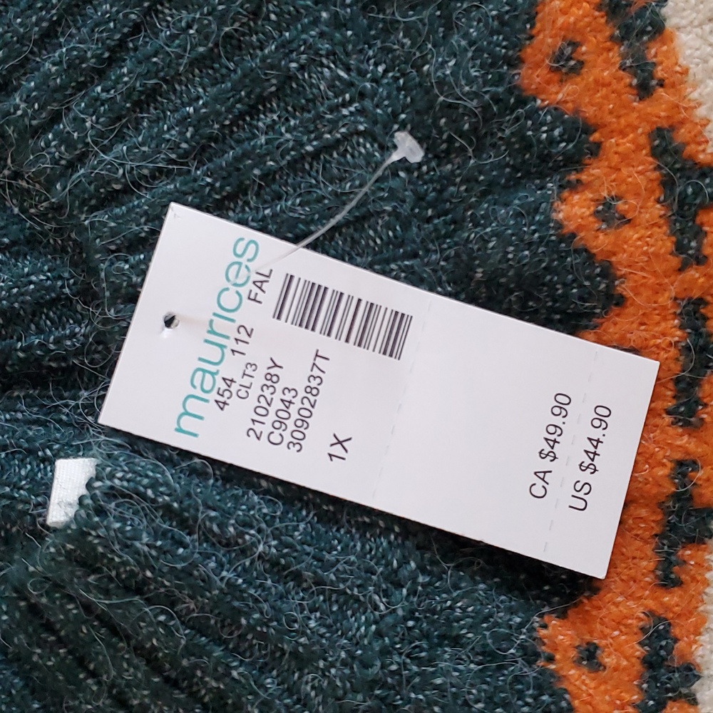 Maurices Teal Green and Orange Pumpkin Fall Knit Sweater Women's 1X - Picture 3 of 9